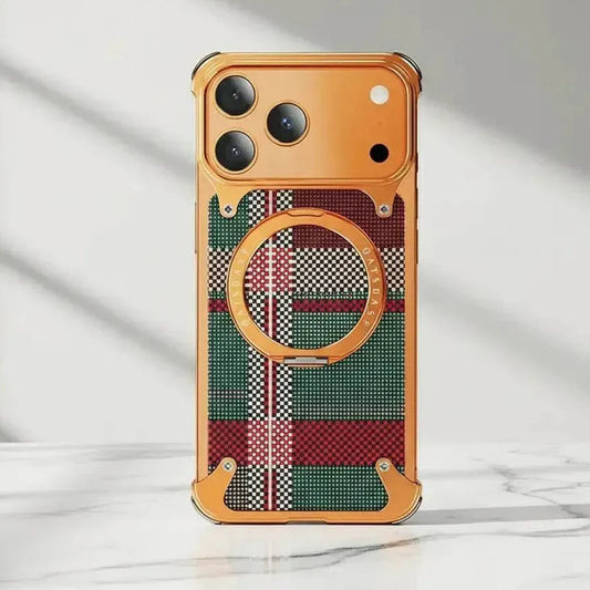 iPhone 17 Pro Max Metal Case, Frameless Leather Magnetic Invisible Stand Cover with Magsafe - Orange