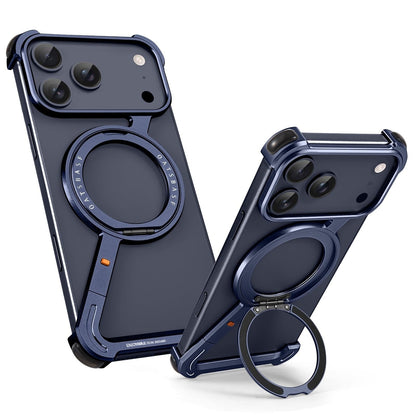 iPhone 17 Pro Max Metal Frameless Bumper Case 360° Rotatable Stand with Magsafe - Blue
