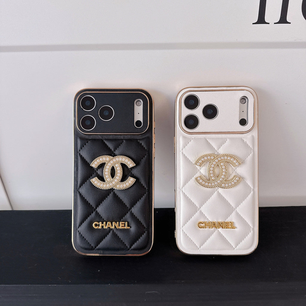 Leather Brand Phone Case Diamond Logo with Gold Label For iPhone 17/ 16 /15 / 14