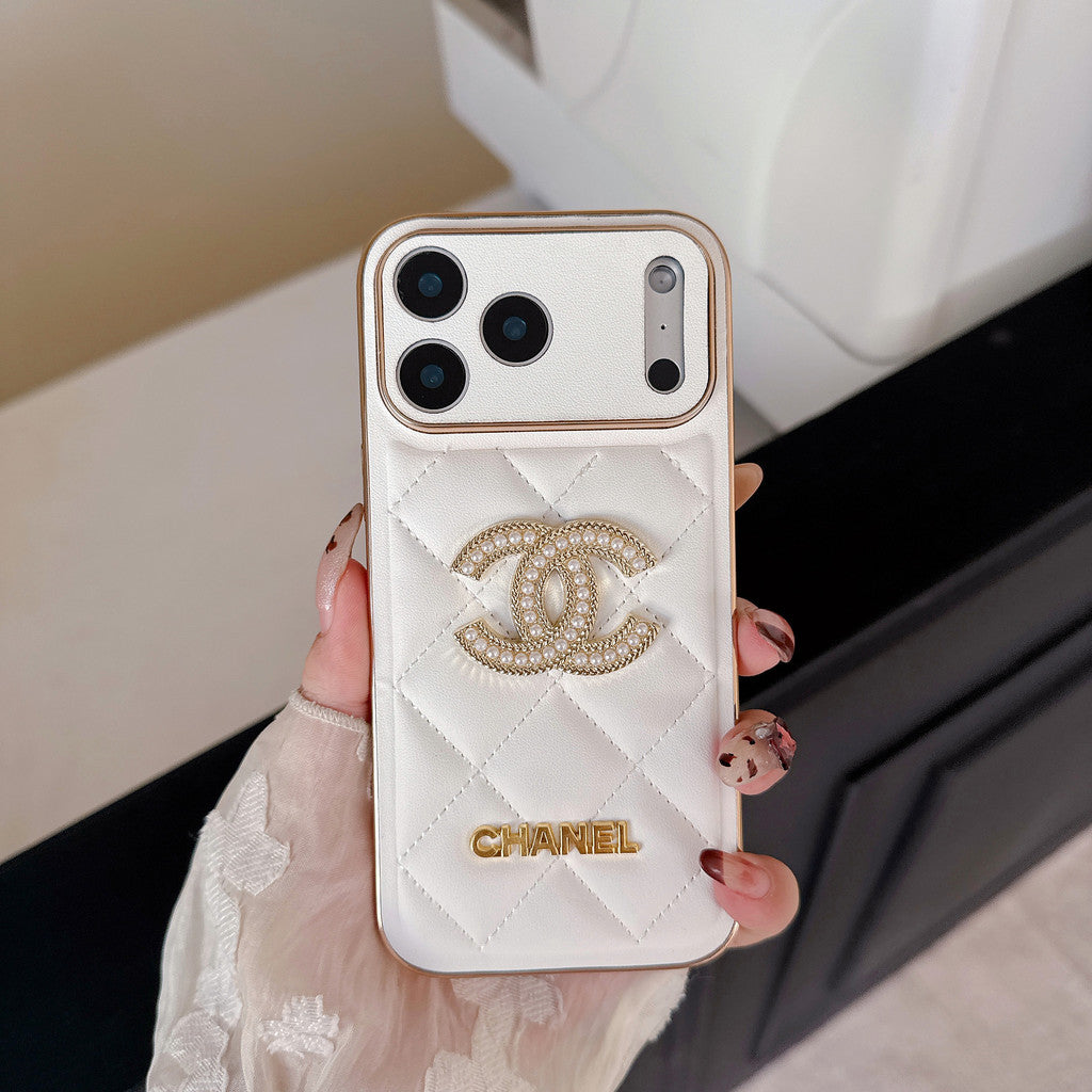 Leather Brand Phone Case Diamond Logo with Gold Label For iPhone 17/ 16 /15 / 14