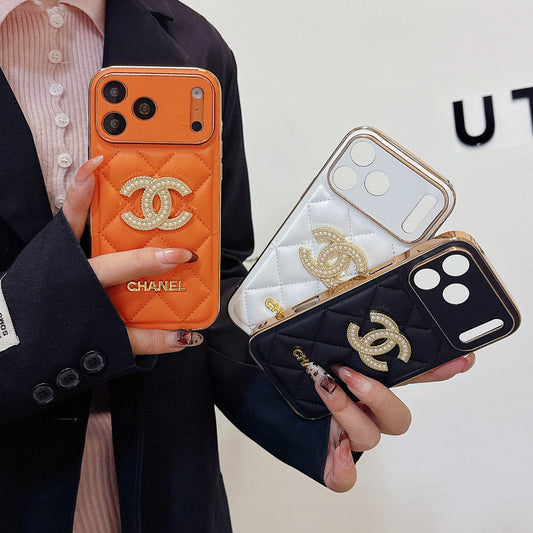 Leather Brand Phone Case Diamond Logo with Gold Label For iPhone 17/ 16 /15 / 14