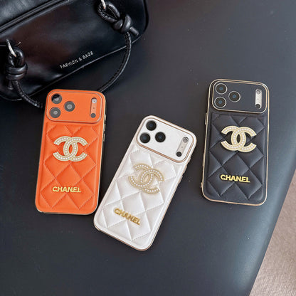 Leather Brand Phone Case Diamond Logo with Gold Label For iPhone 17/ 16 /15 / 14