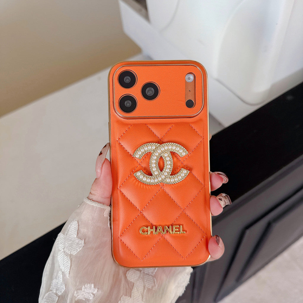 Leather Brand Phone Case Diamond Logo with Gold Label For iPhone 17/ 16 /15 / 14