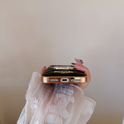 Leather Brand Phone Case Diamond Logo with Gold Label For iPhone 17/ 16 /15 / 14