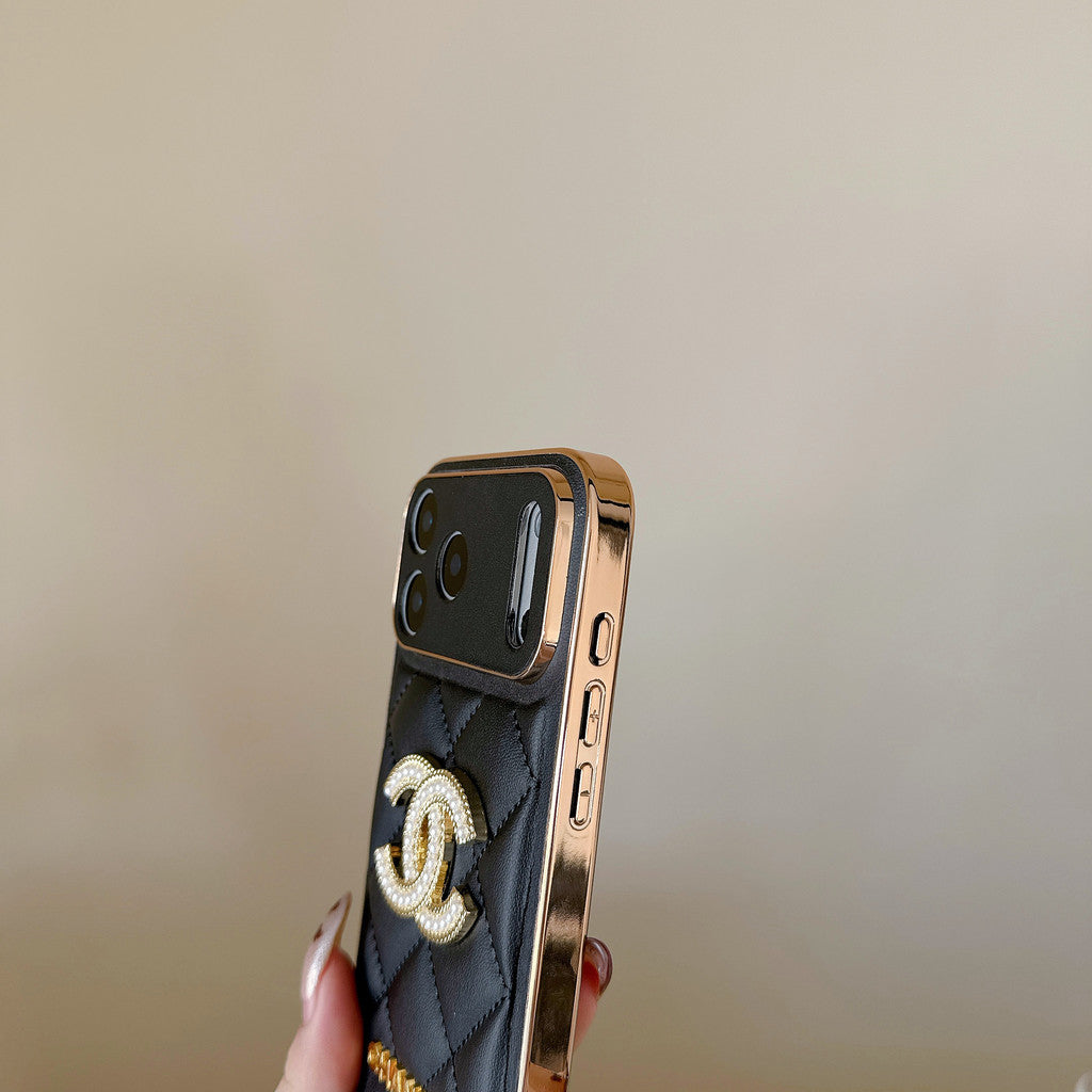 Leather Brand Phone Case Diamond Logo with Gold Label For iPhone 17/ 16 /15 / 14