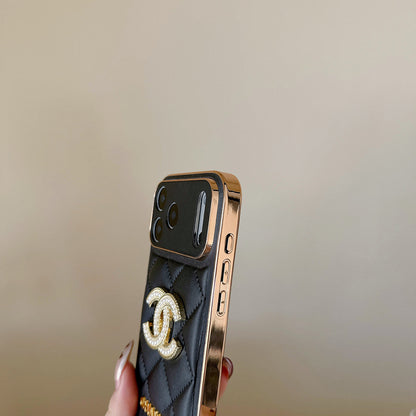 Leather Brand Phone Case Diamond Logo with Gold Label For iPhone 17/ 16 /15 / 14