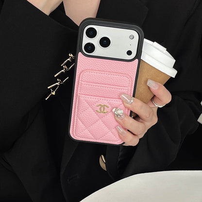 Leather Phone Case and Two Card Slots with Gold Label For iPhone 12-17