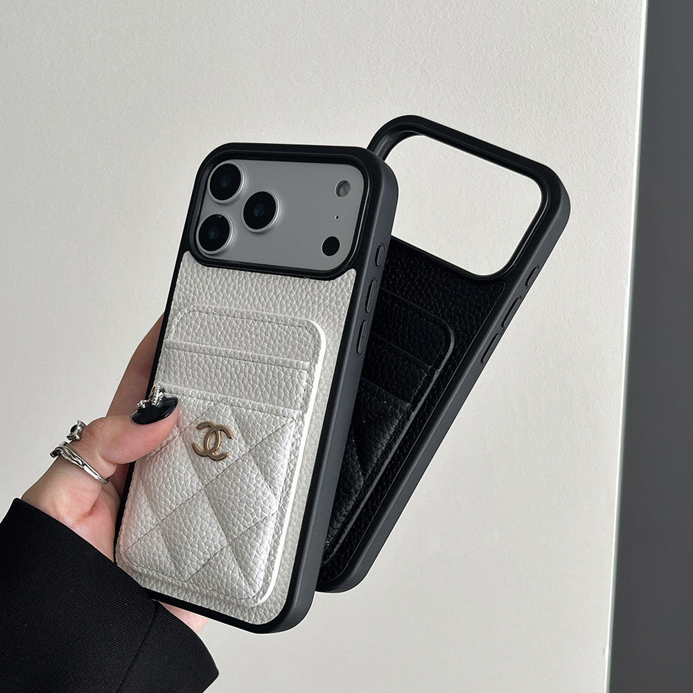 Leather Phone Case and Two Card Slots with Gold Label For iPhone 12-17