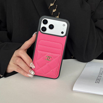 Leather Phone Case and Two Card Slots with Gold Label For iPhone 12-17