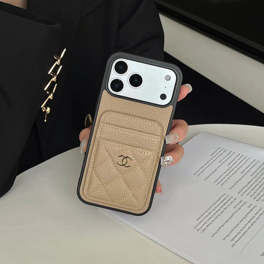 Leather Phone Case and Two Card Slots with Gold Label For iPhone 12-17