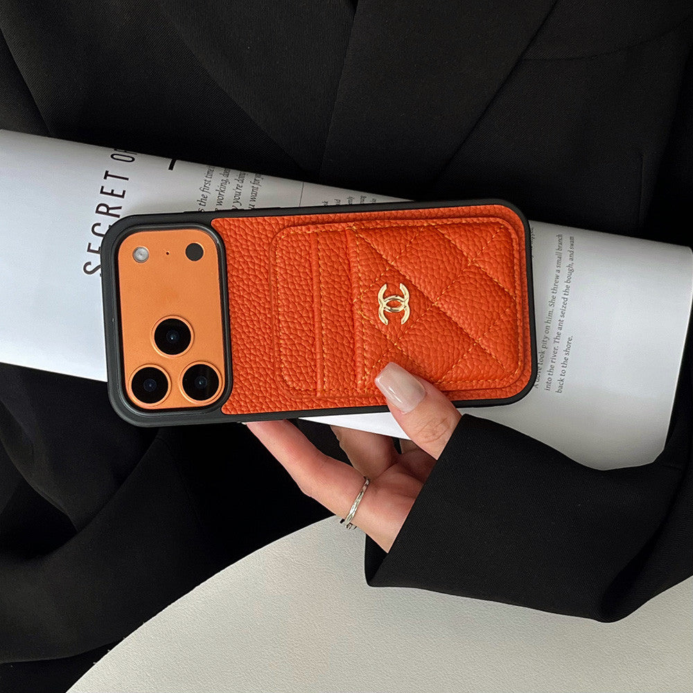 Leather Phone Case and Two Card Slots with Gold Label For iPhone 12-17