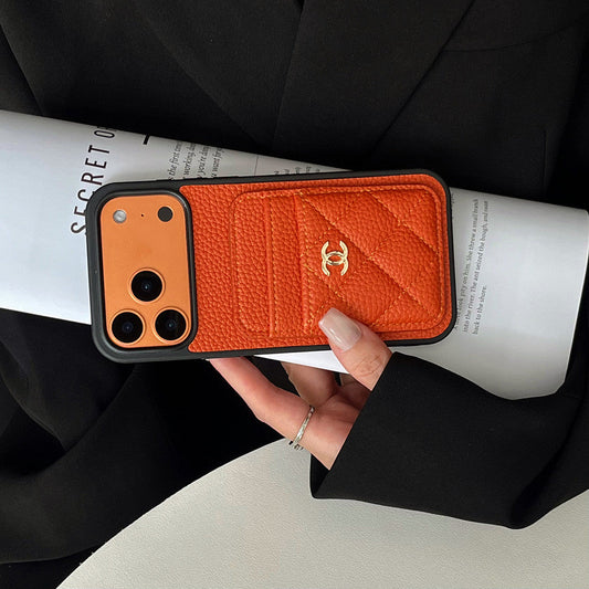 Leather Phone Case and Two Card Slots with Gold Label For iPhone 12-17