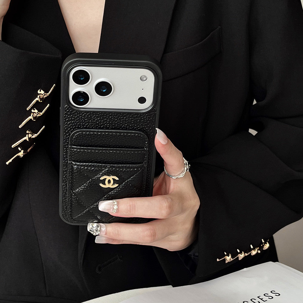 Leather Phone Case and Two Card Slots with Gold Label For iPhone 12-17